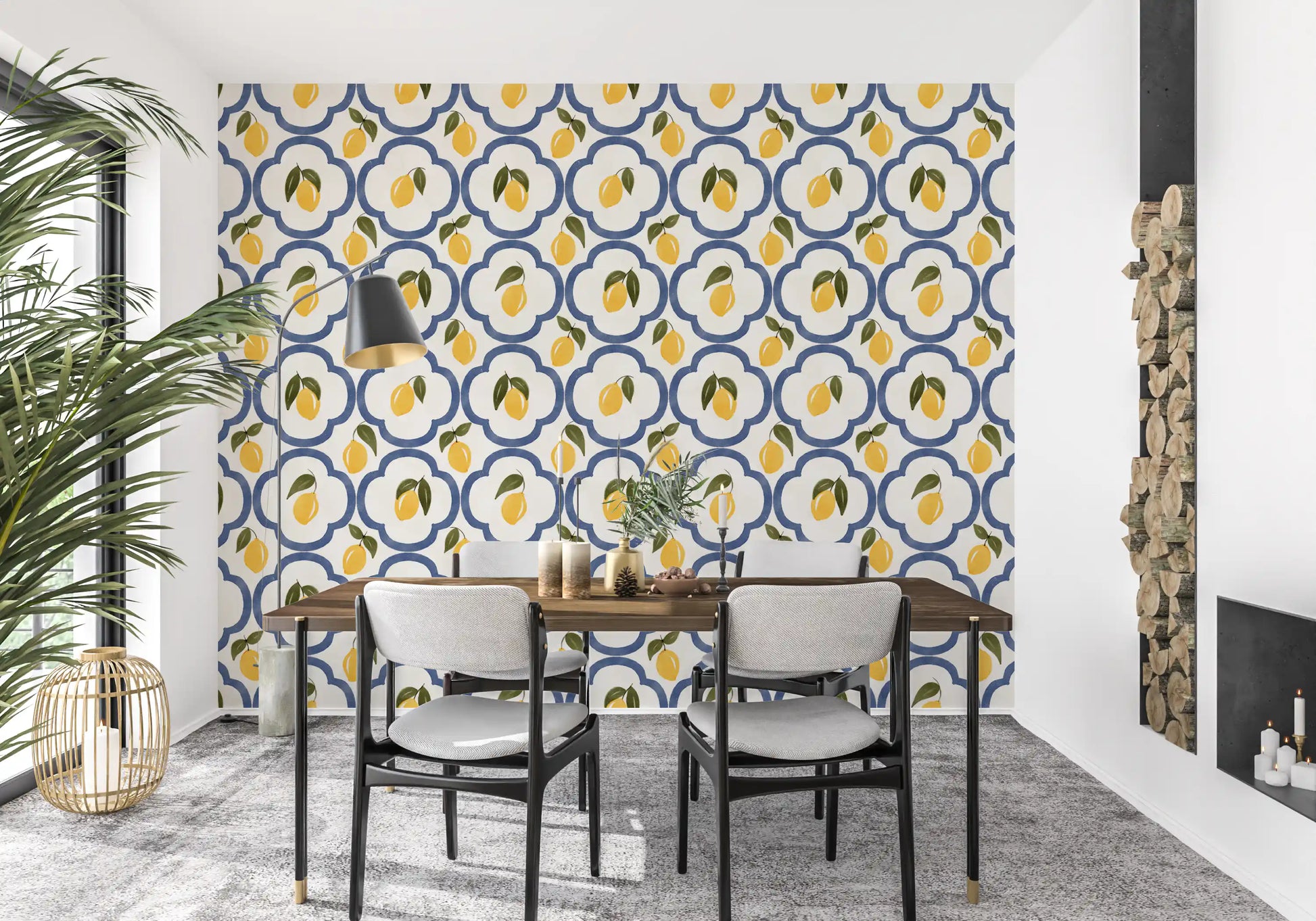 Fresh lemon print wallpaper defining a relaxed dining space