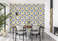 Fresh lemon print wallpaper defining a relaxed dining space