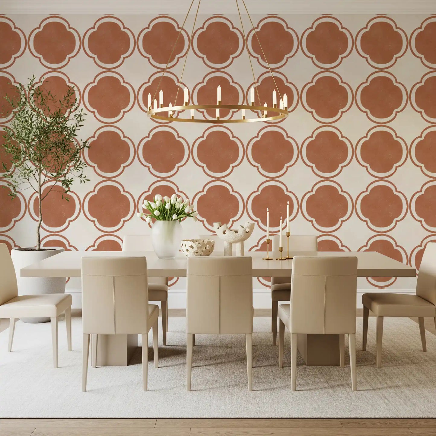 Clay-toned quatrefoil wallpaper bringing warmth into a relaxed Dining room 