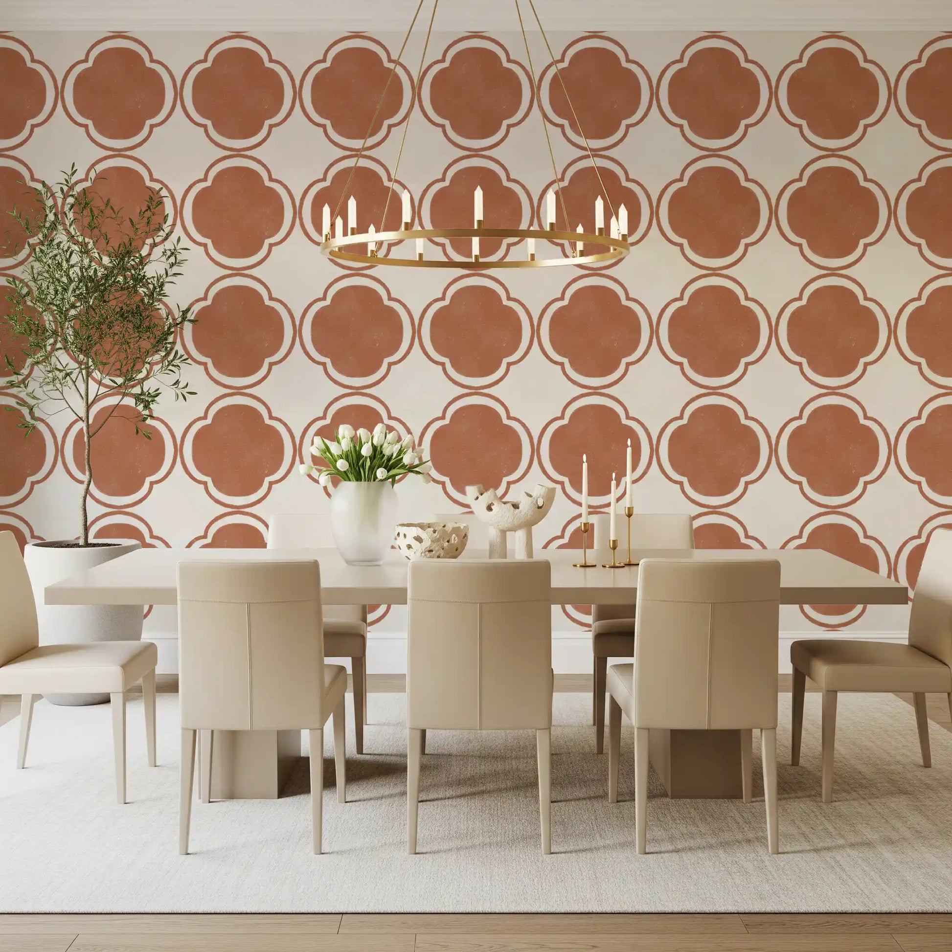 Clay-toned quatrefoil wallpaper bringing warmth into a relaxed Dining room 