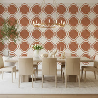 Clay-toned quatrefoil wallpaper bringing warmth into a relaxed Dining room 