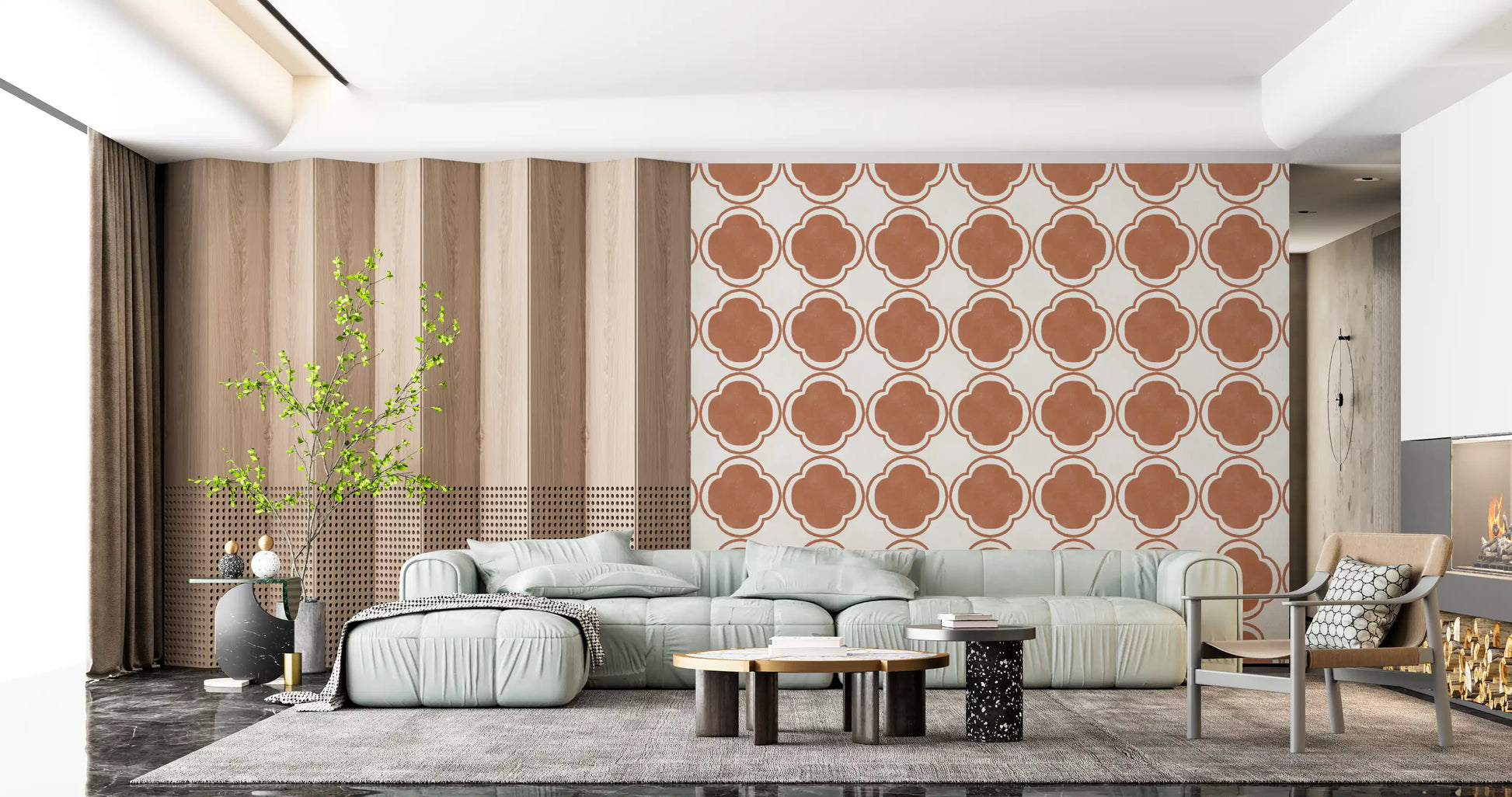 Mediterranean terracotta pattern wallpaper complementing a stylish Living space 
