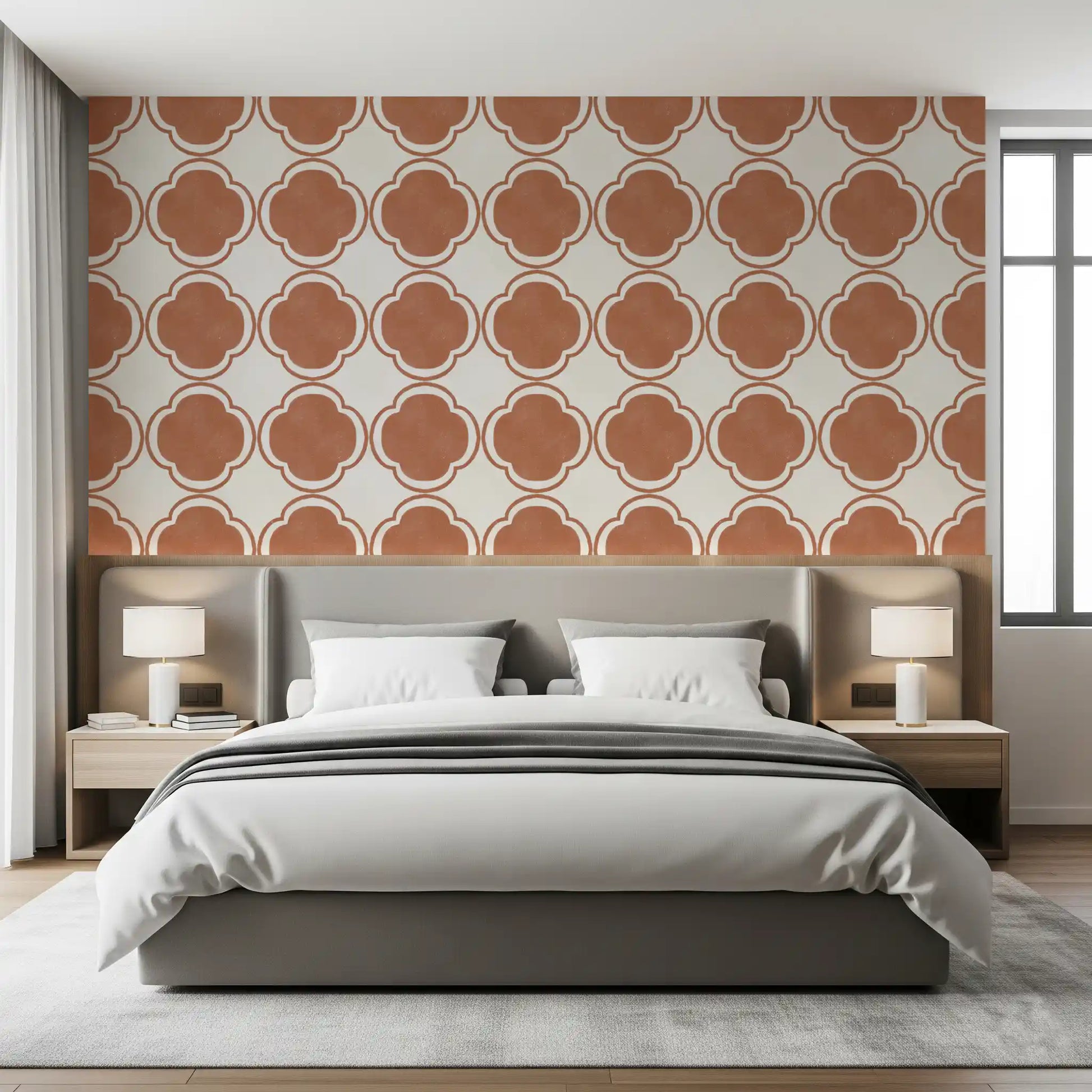 Mediterranean terracotta quatrefoil wallpaper enhancing a bright Bedroom setting