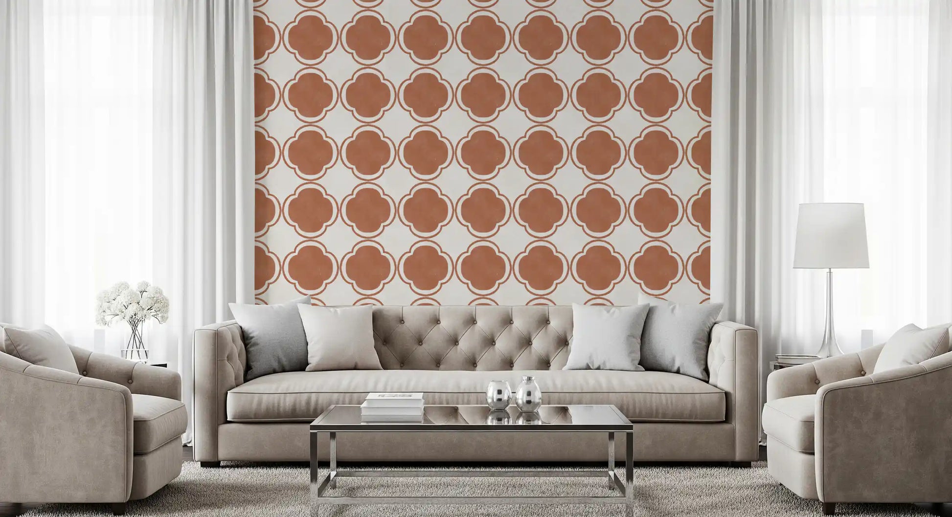 Warm terracotta quatrefoil wallpaper defining a cozy living  space