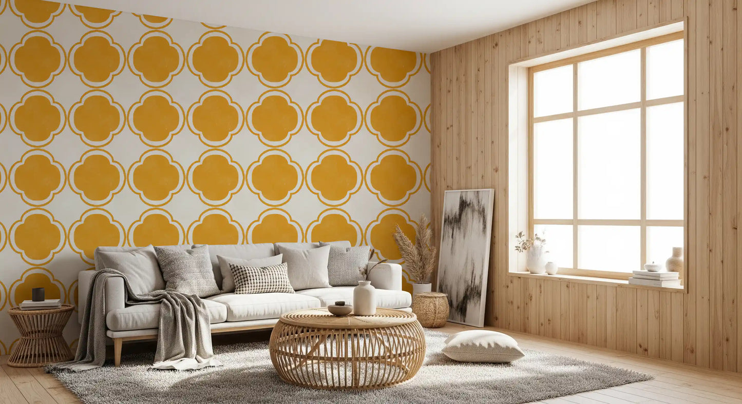 Geometric yellow wallpaper fitted along Living room backsplash surface