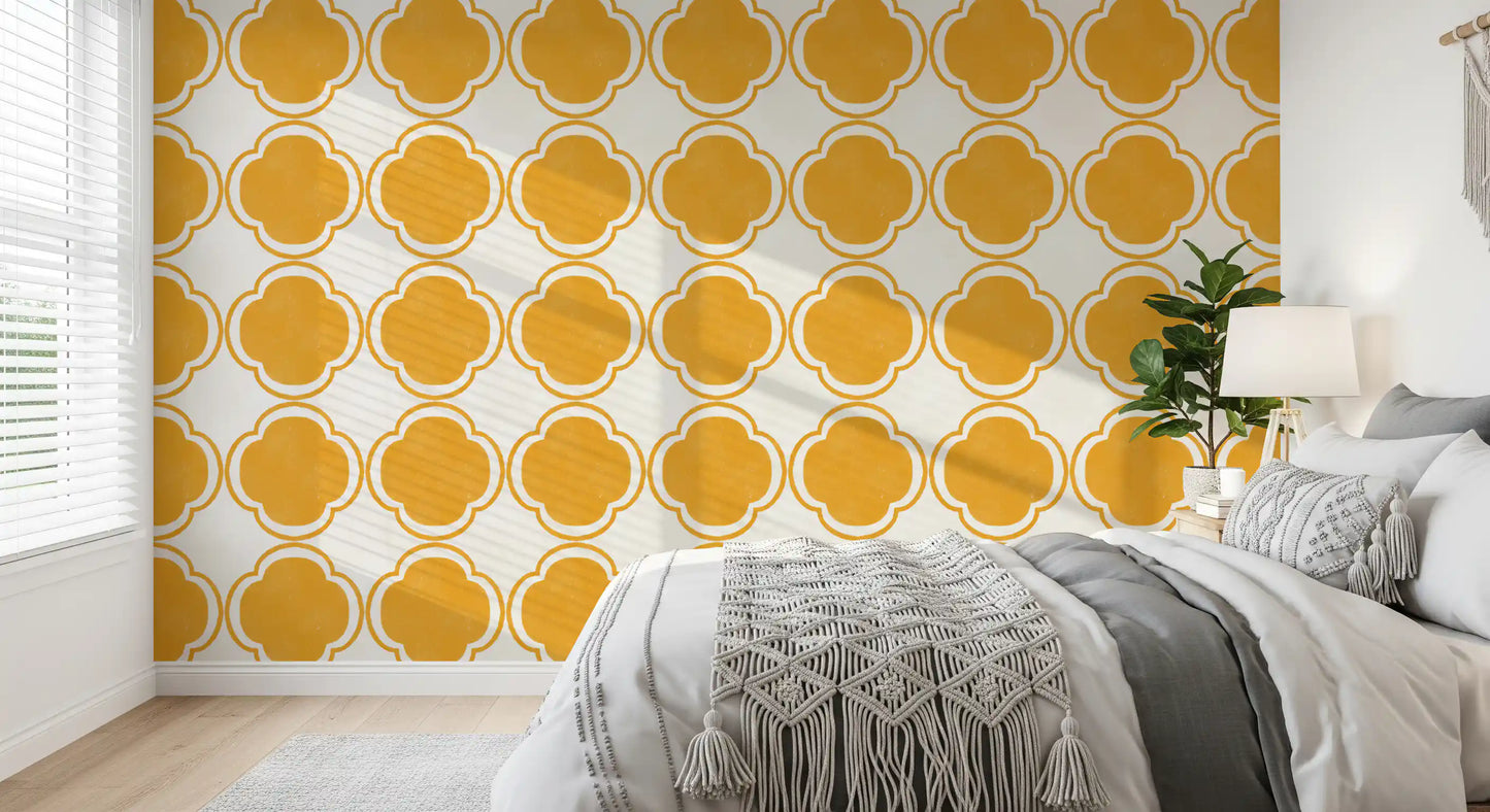 Mediterranean yellow pattern wallpaper placed in cozy bedroom feature area