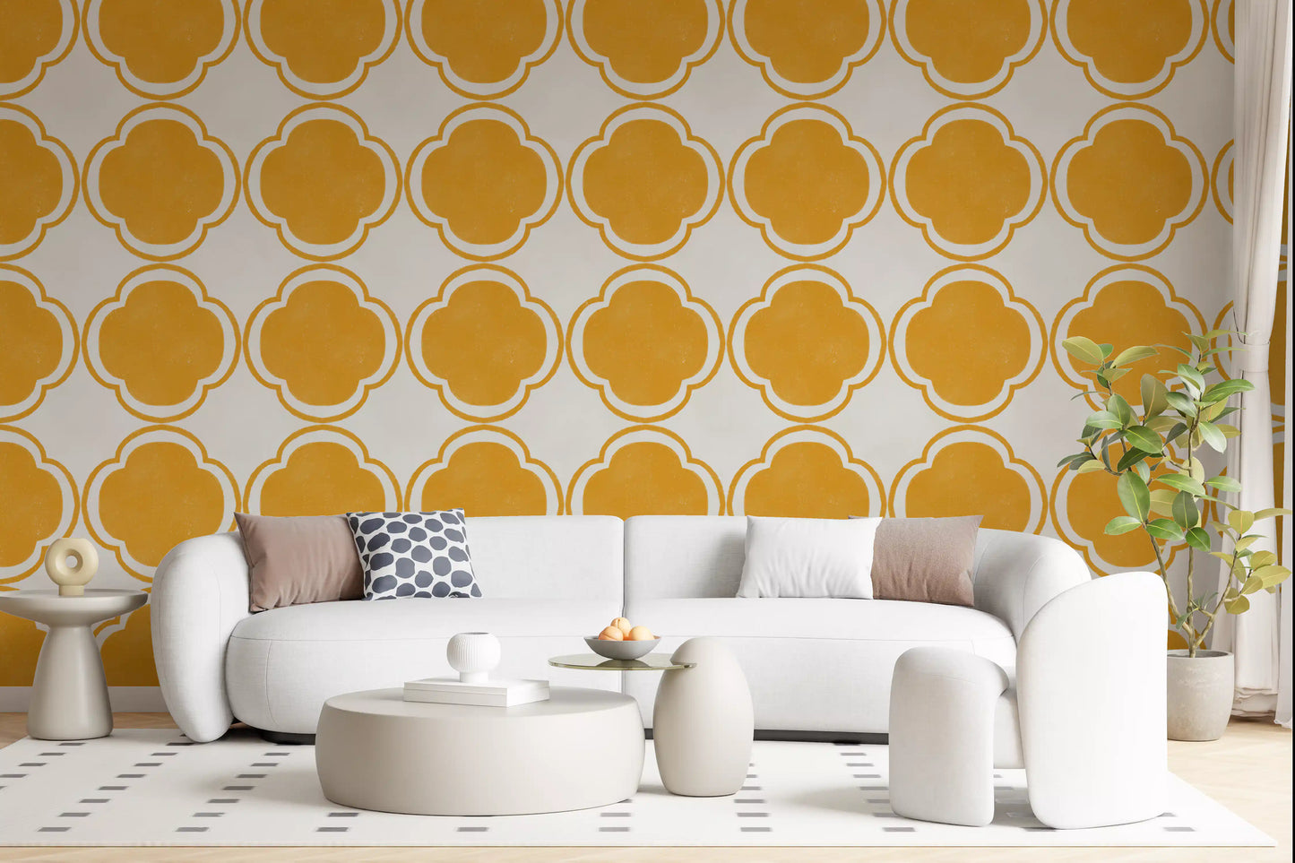 Mustard quatrefoil wallpaper displayed in Hallway setup