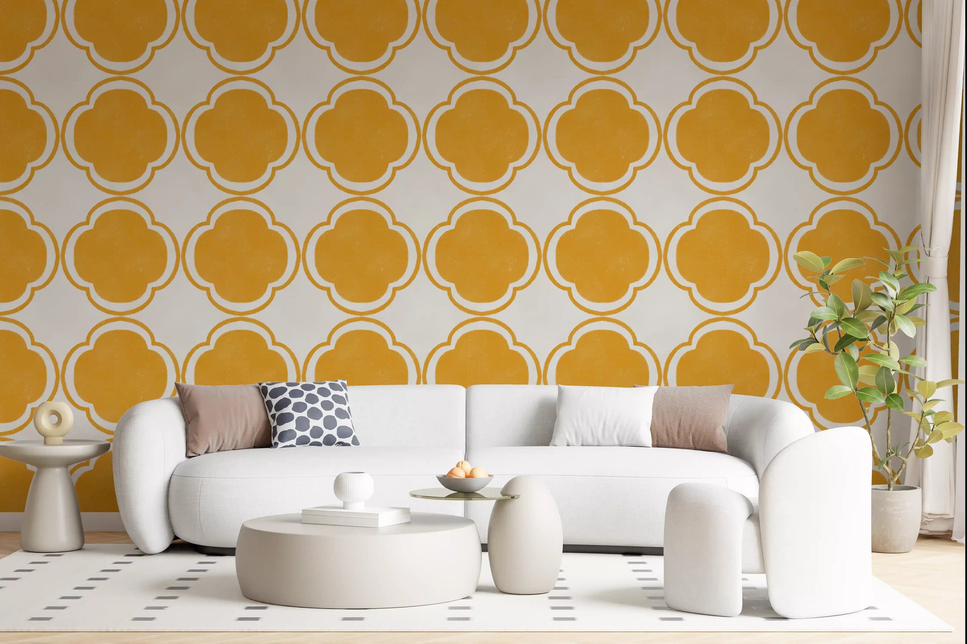 Mustard quatrefoil wallpaper displayed in Hallway setup