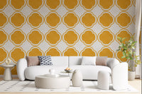 Mustard quatrefoil wallpaper displayed in Hallway setup
