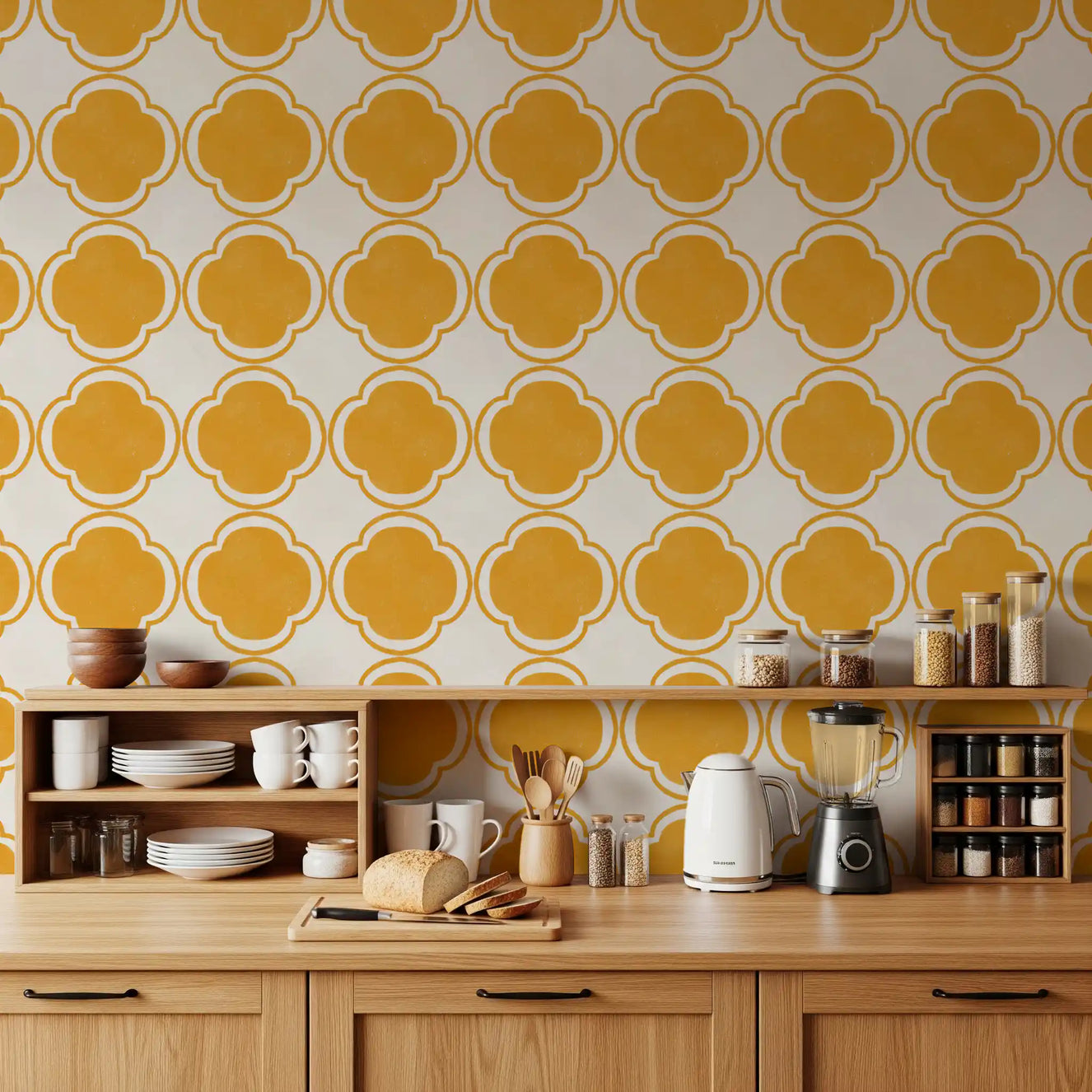 Yellow quatrefoil wallpaper styled in bright Kitchen interior backdrop