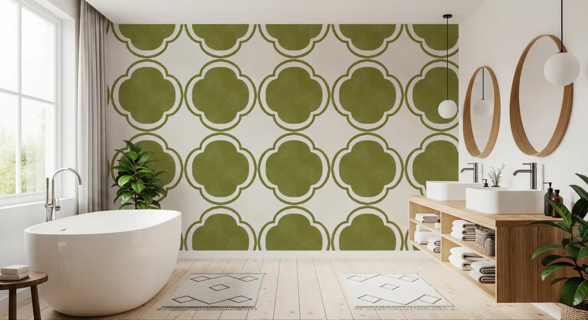 Mediterranean green geometric wallpaper styled in cozy Bathroom feature area