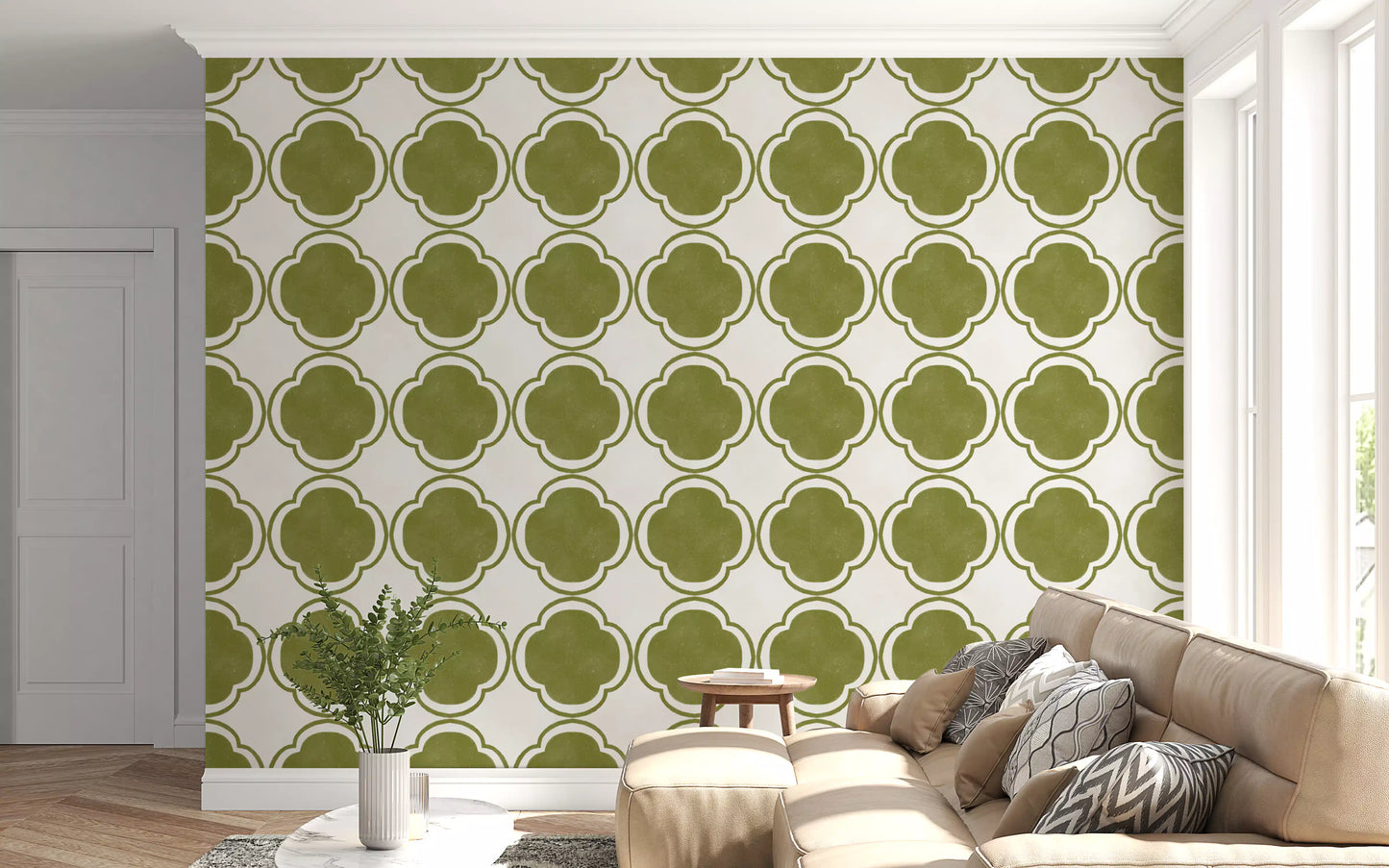 Olive quatrefoil wallpaper arranged in home office interior setting