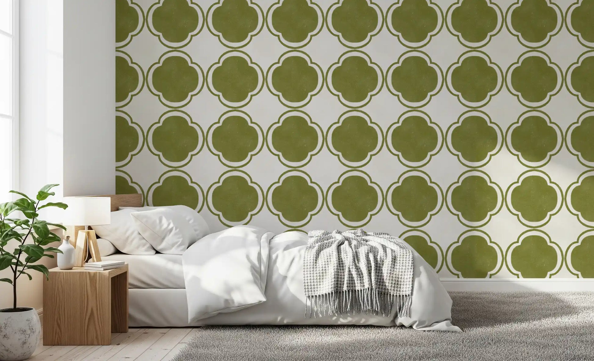 Mediterranean green geometric wallpaper styled in cozy bedroom feature area