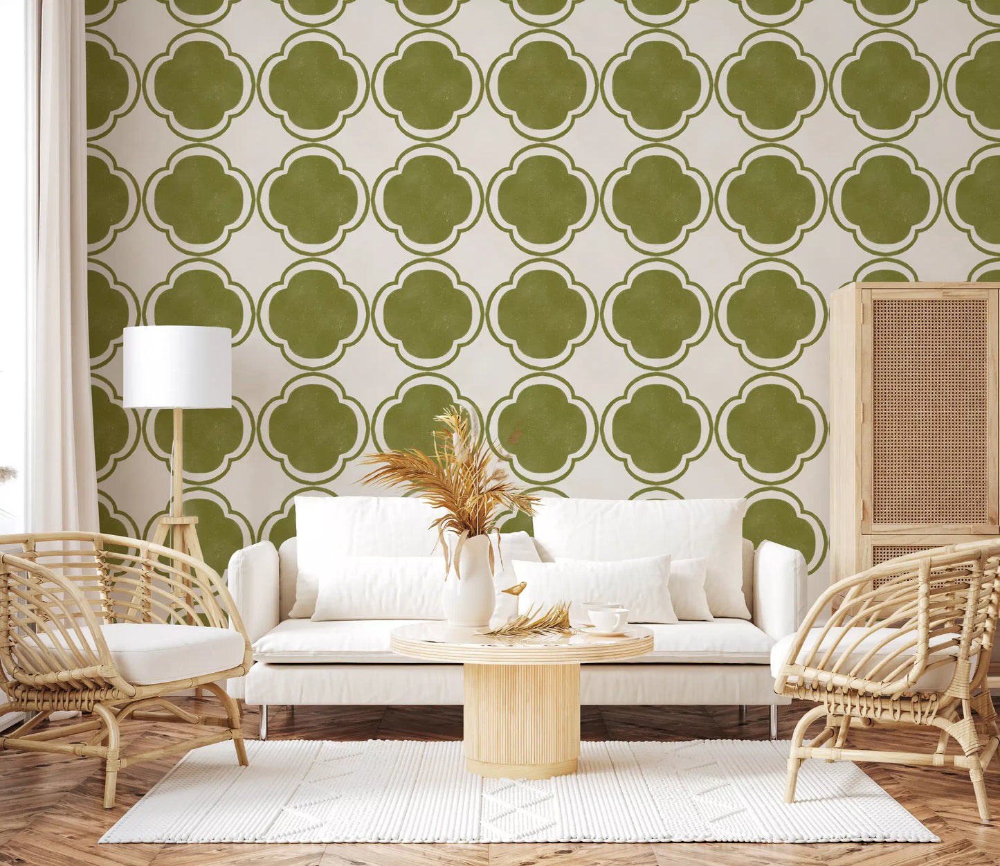 Classic green geometric wallpaper used in hallway accent section
