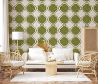 Classic green geometric wallpaper used in hallway accent section