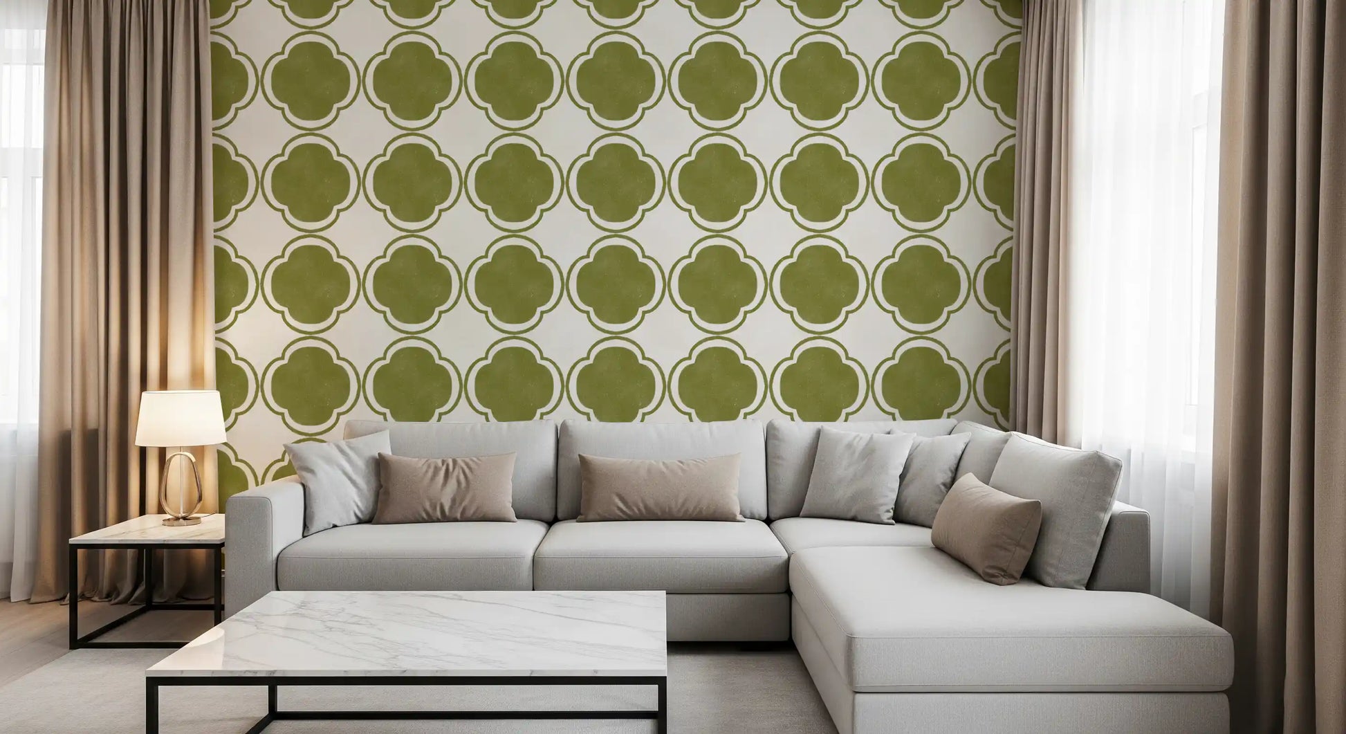Quatrefoil tile pattern wallpaper applied in Living backsplash surface