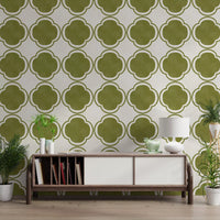 Mediterranean tile style wallpaper displayed in hallway.