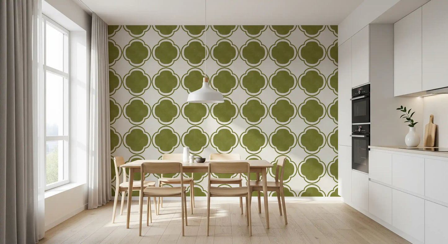 Deep olive quatrefoil wallpaper featured in Dining room 