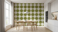 Deep olive quatrefoil wallpaper featured in Dining room 