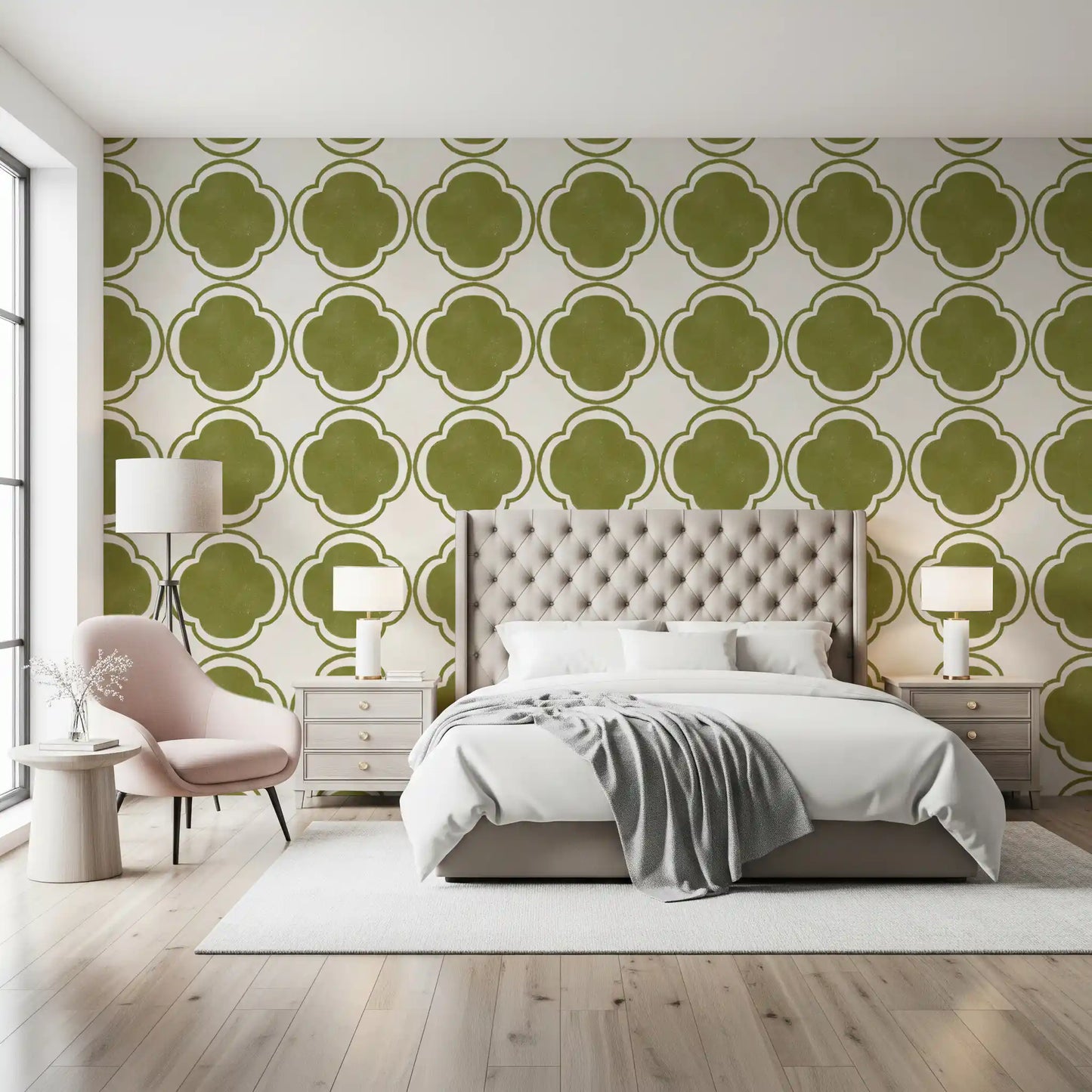 Green patterned wallpaper used in Bedroom vertical surface area