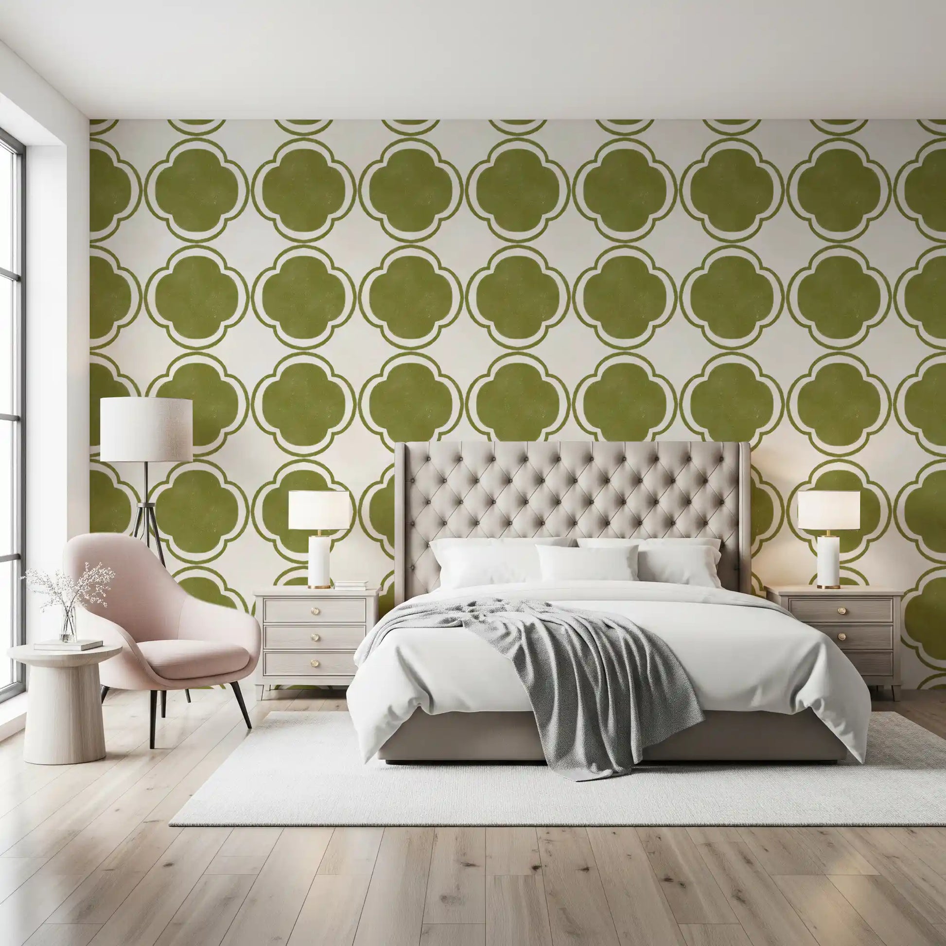 Green patterned wallpaper used in Bedroom vertical surface area