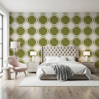 Green patterned wallpaper used in Bedroom vertical surface area