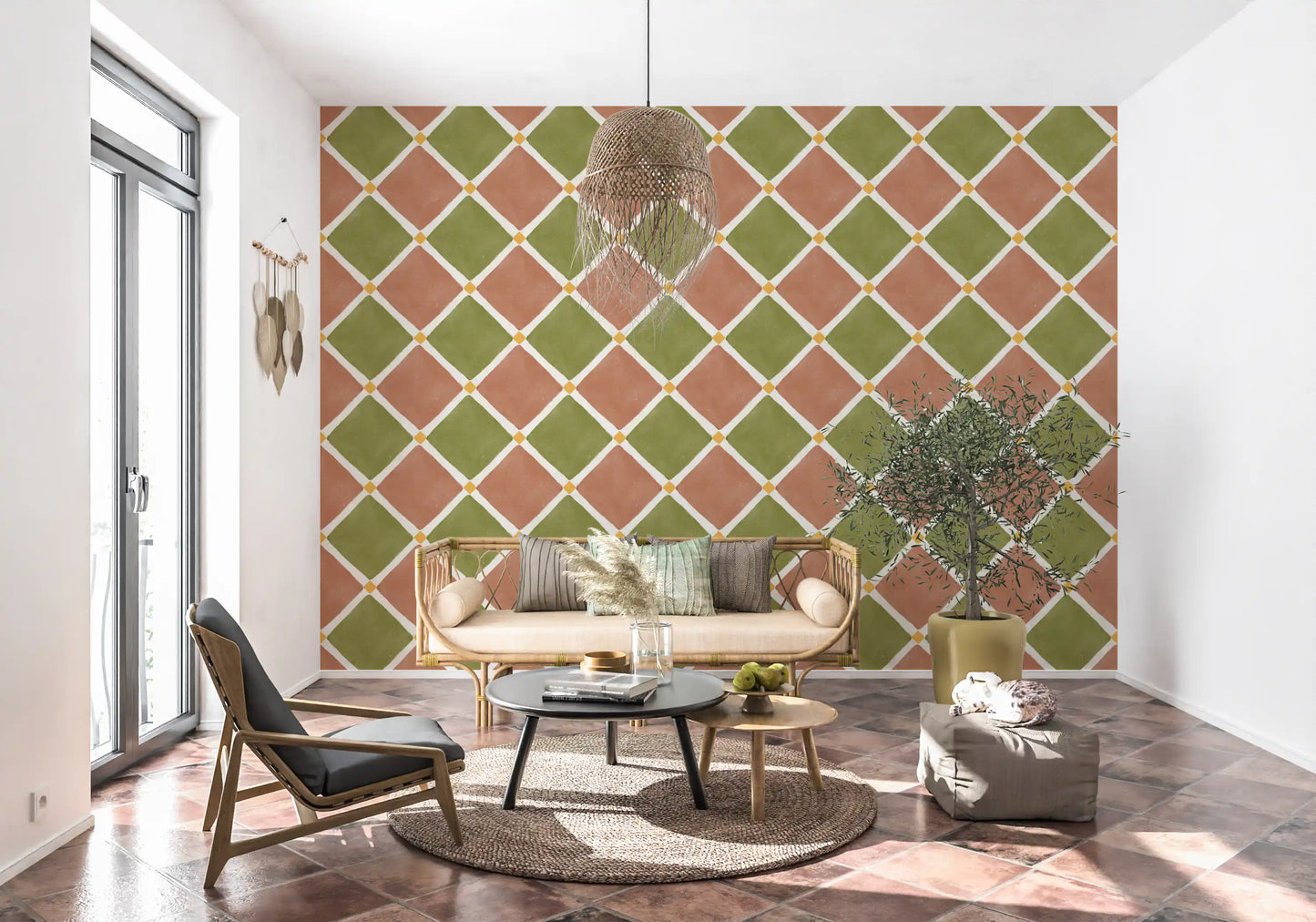Spanish style wallpaper fits perfectly inside a rustic living room.