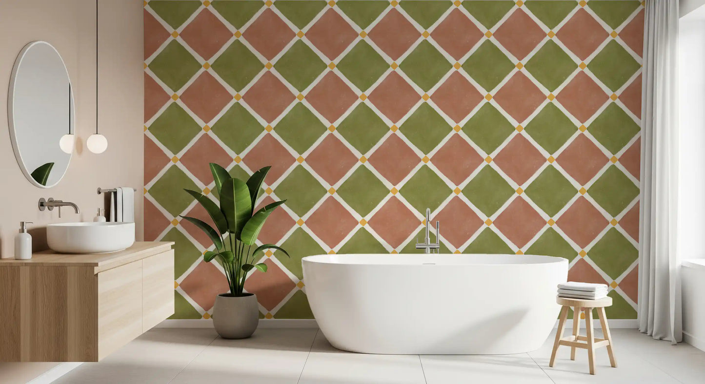 Rustic checkerboard wallpaper brightens an active bathroom.