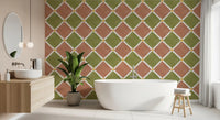Rustic checkerboard wallpaper brightens an active bathroom.