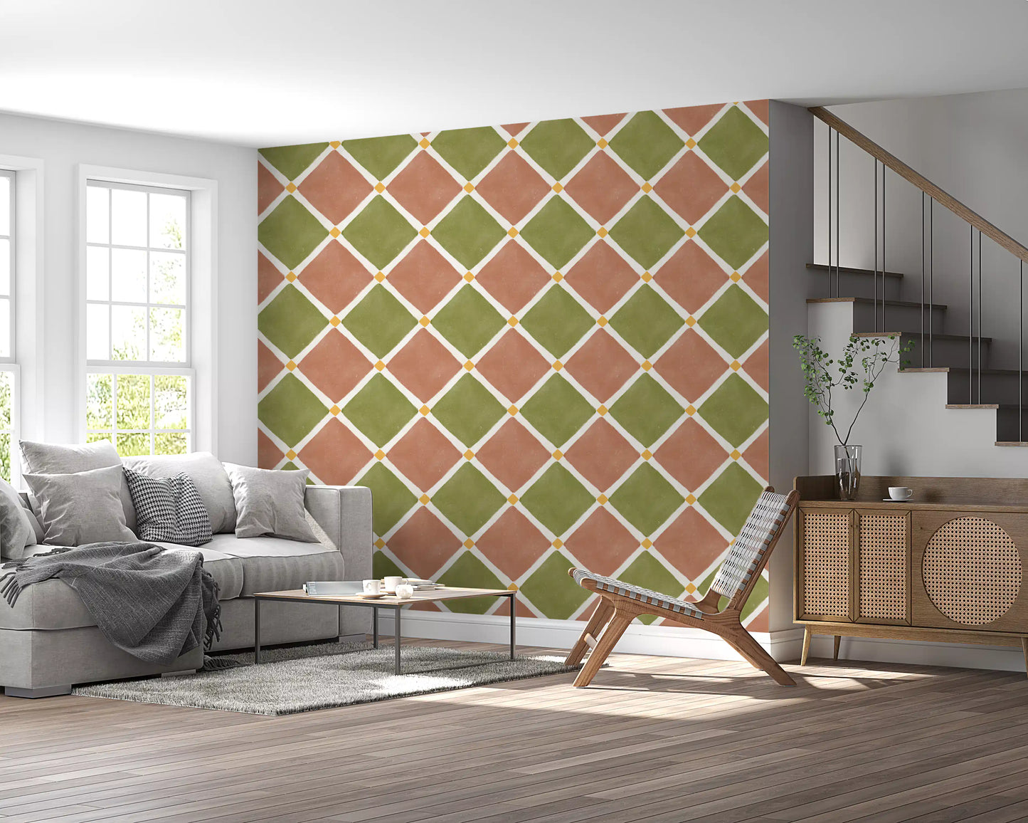 Olive diamond wallpaper anchors Living corners within dens.