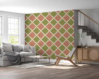 Olive diamond wallpaper anchors Living corners within dens.