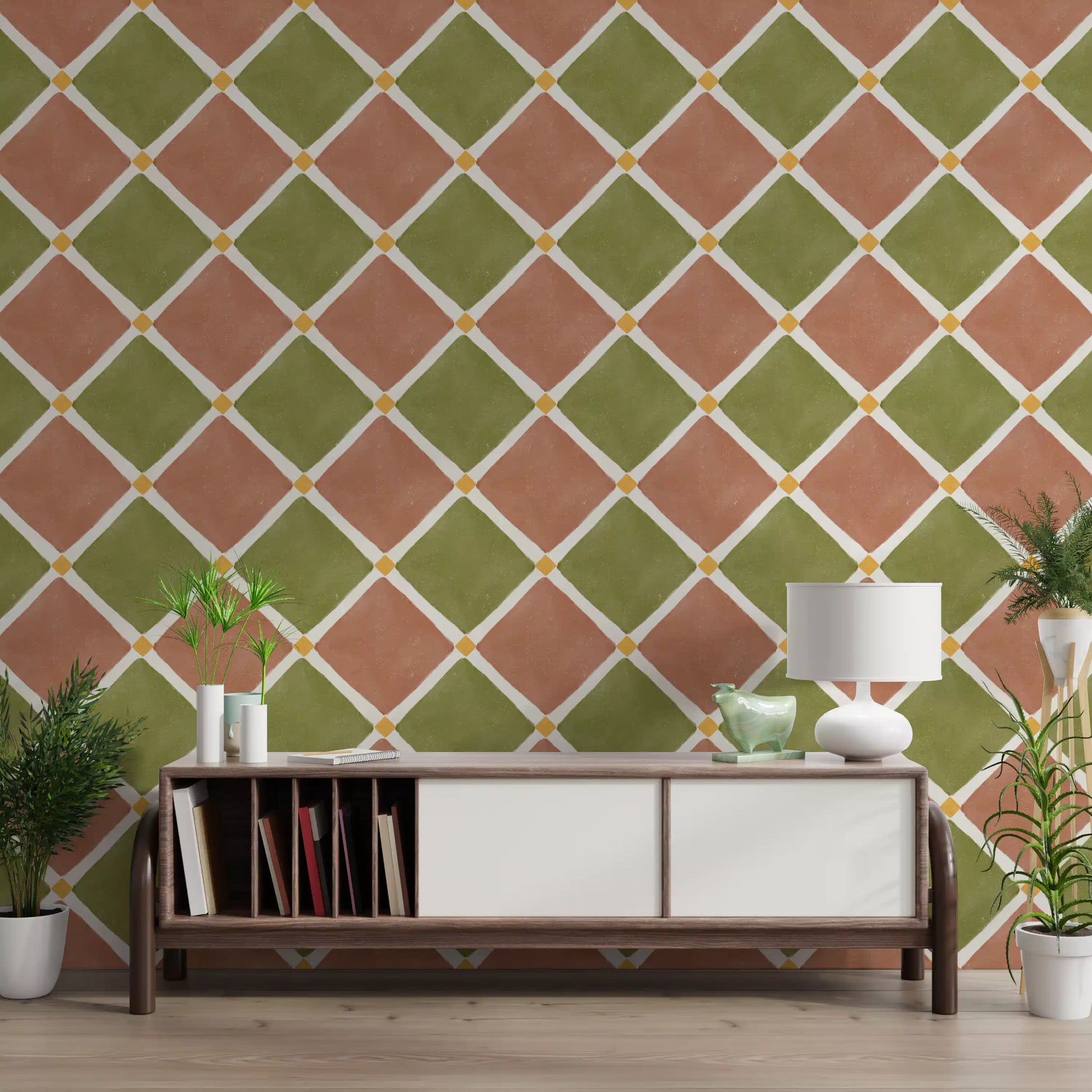 Aged earth-tone wallpaper provides calming entryway.