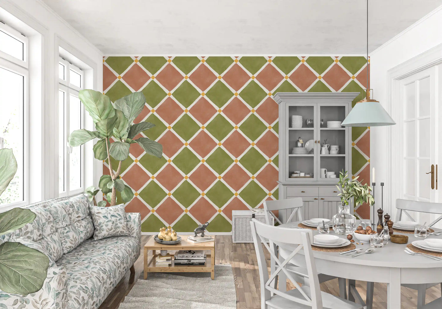Geometric diamond wallpaper complements wooden dining room furniture.