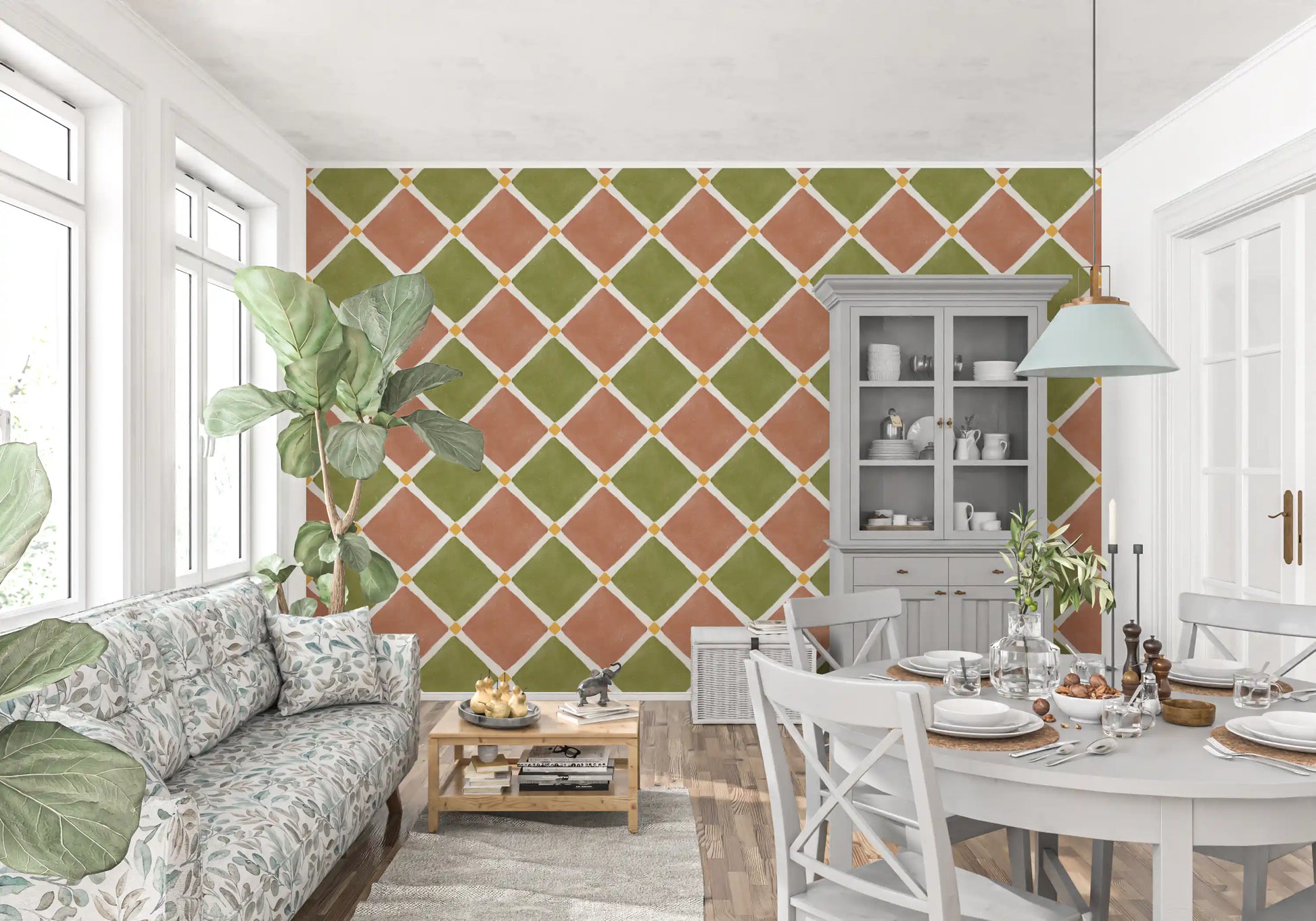 Geometric diamond wallpaper complements wooden dining room furniture.