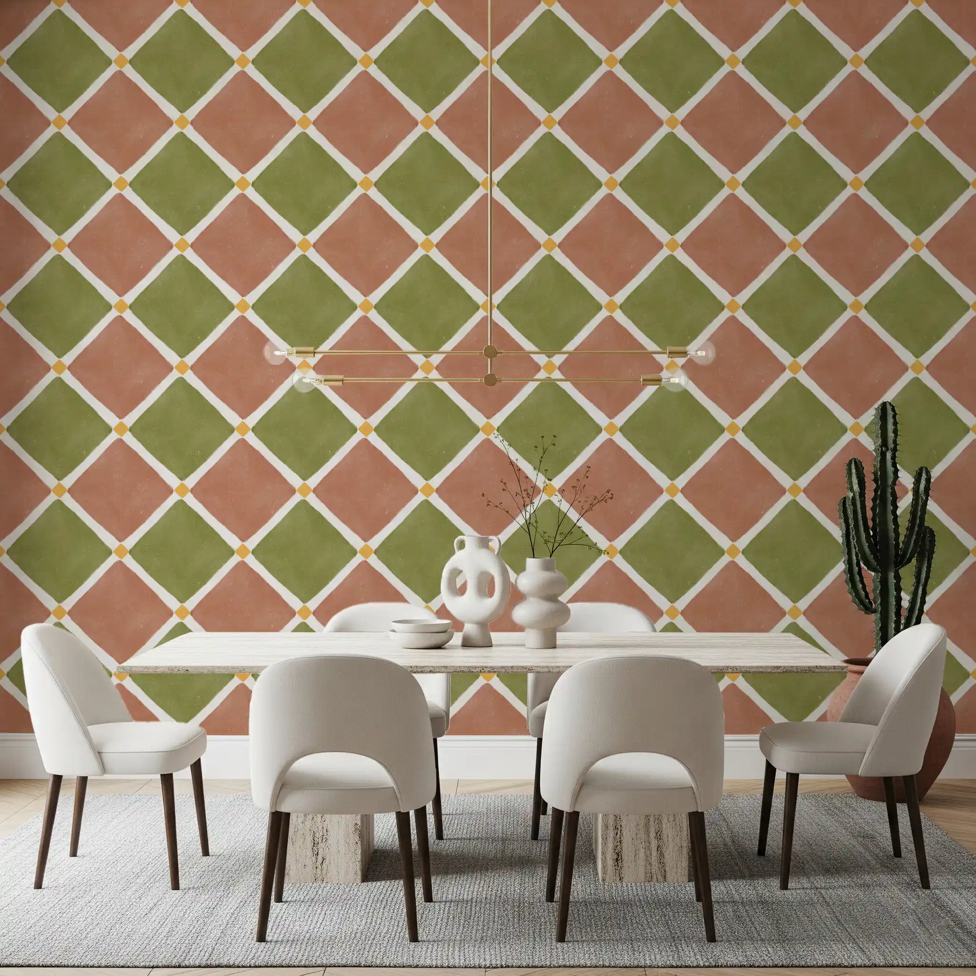 Rustic grid wallpaper enhances sunlit kitchen Dining .