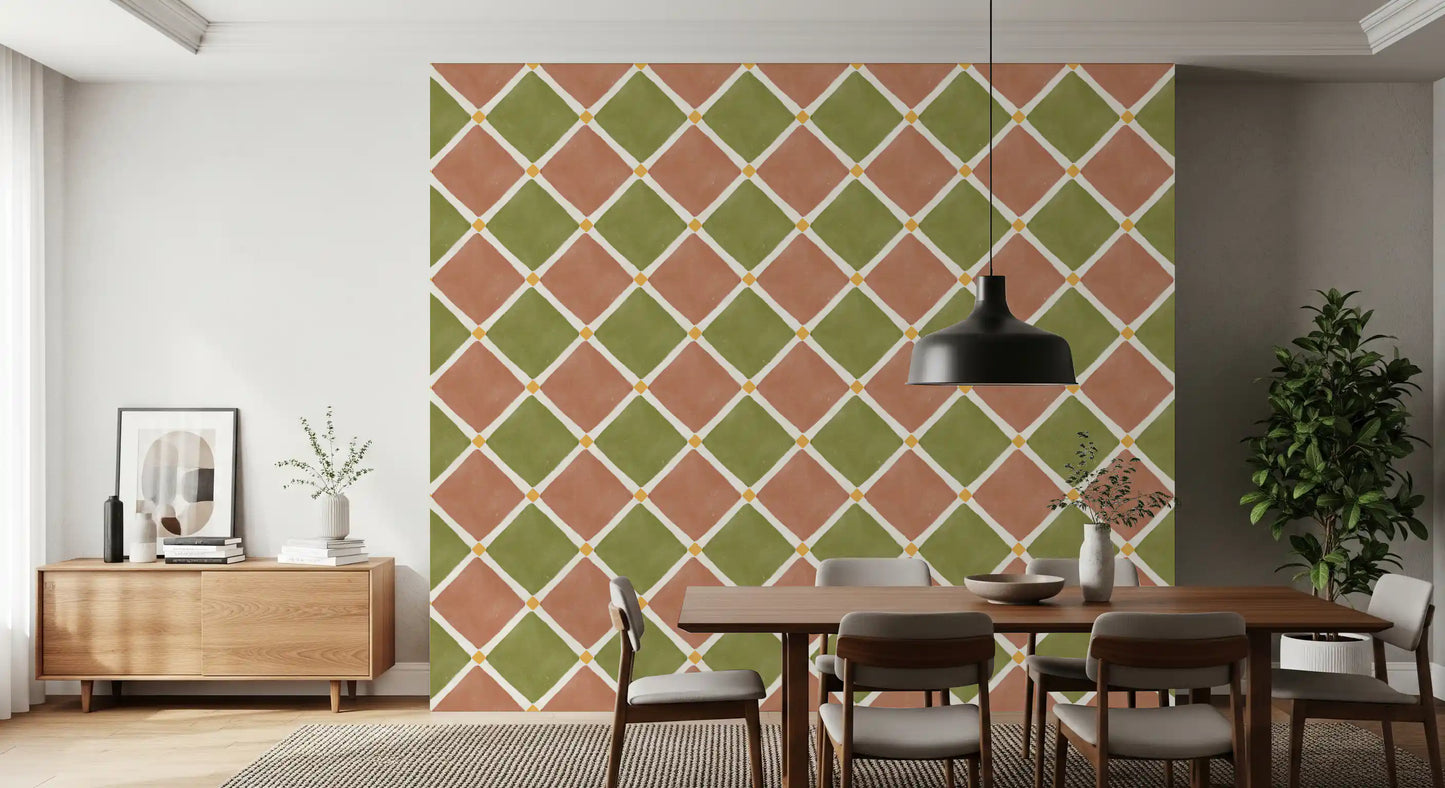Rustic diamond wallpaper exhibits a speckled surface finish.
