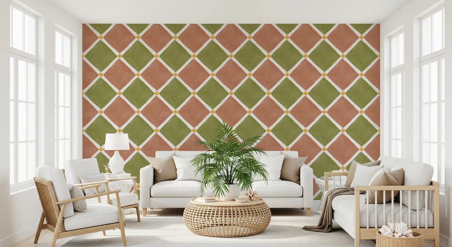 Mediterranean wallpaper adds warmth to a cozy living room seating area.
