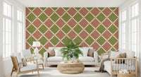 Mediterranean wallpaper adds warmth to a cozy living room seating area.
