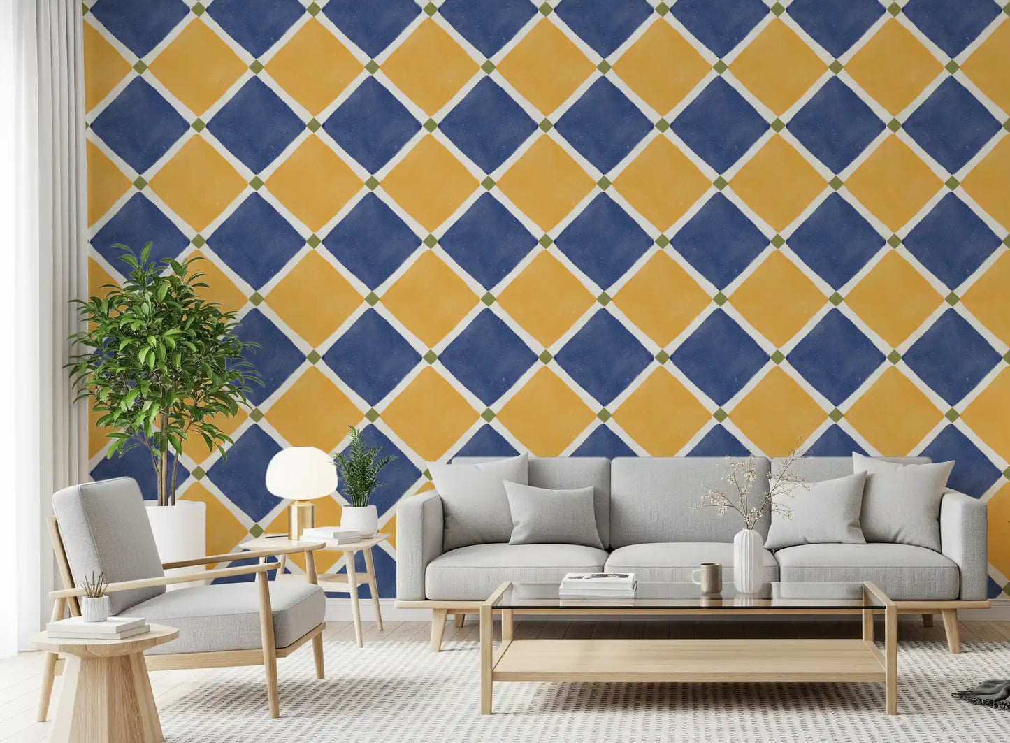 Vintage tile style geometric yellow blue wallpaper with rustic checker pattern