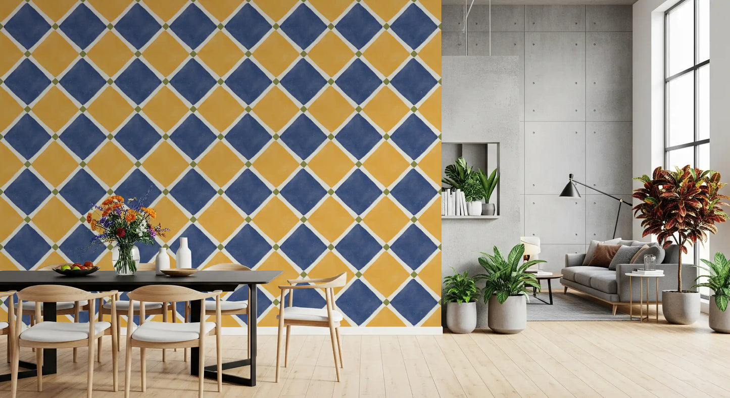 Geometric Checkerboard tile wallpaper enhancing Dining backsplash area