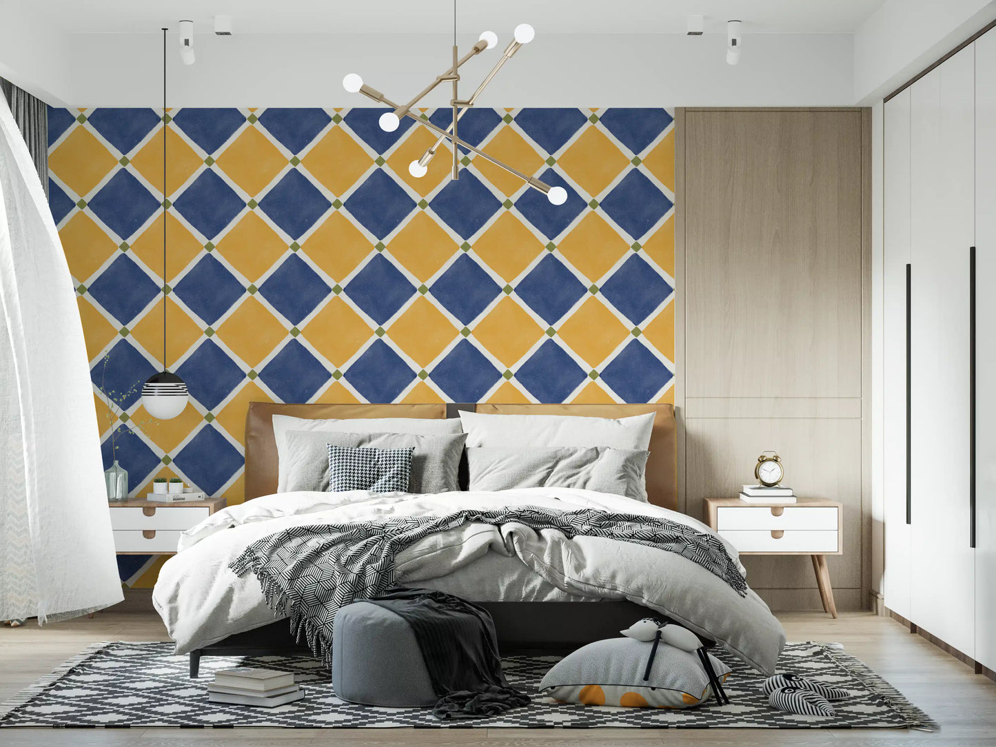 Yellow blue geometric wallpaper in Bedroom accent styling
