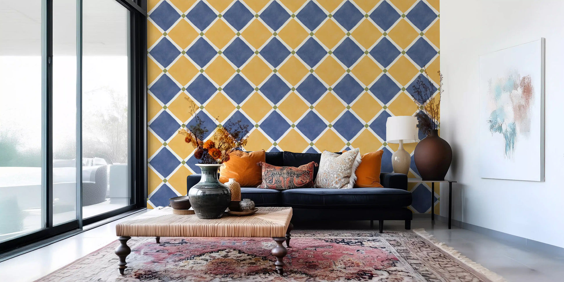 Rustic checker wallpaper featured in minimal studio Living space