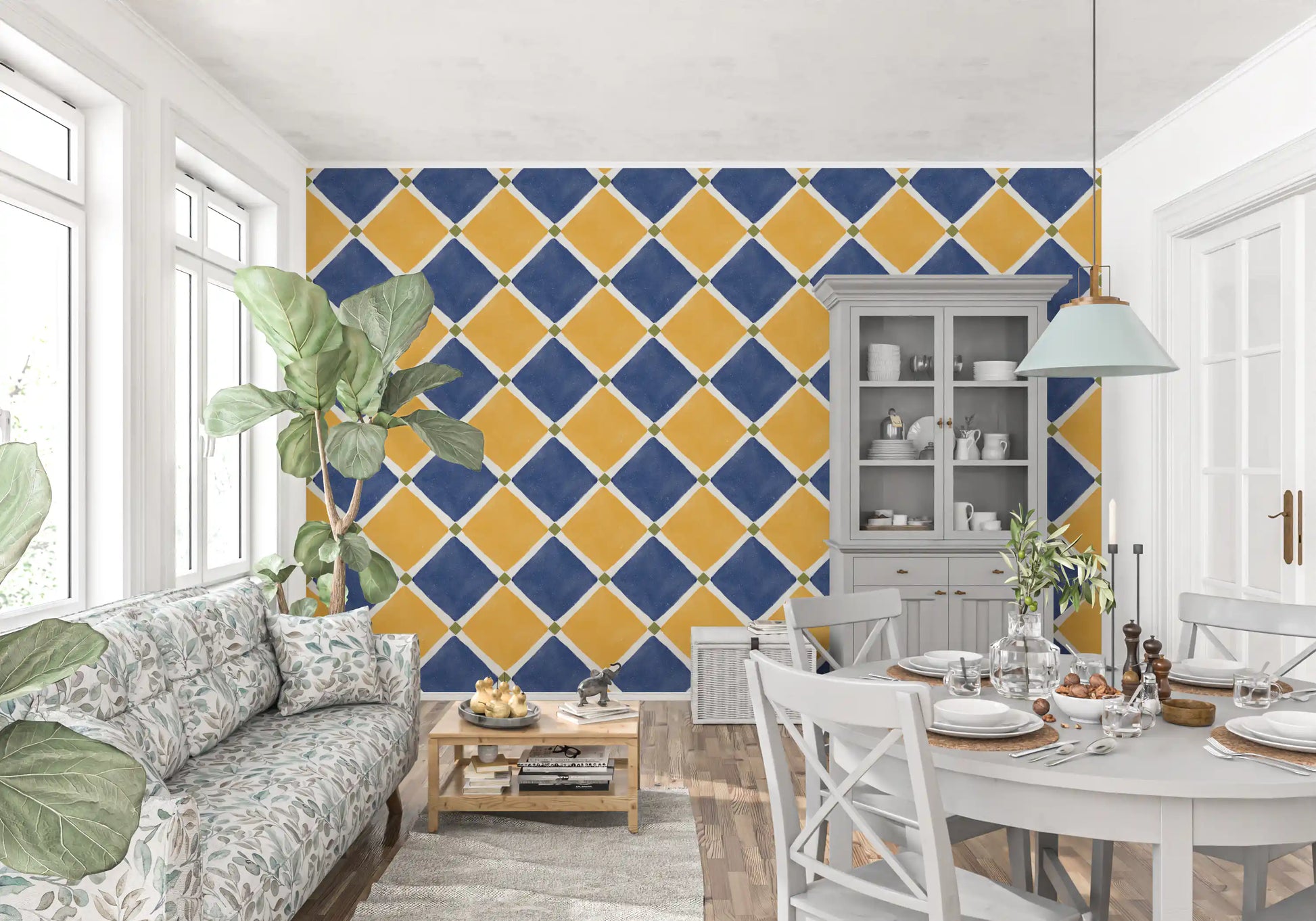 Distressed checkerboard pattern wallpaper in mustard yellow and navy blue tones