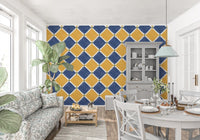 Distressed checkerboard pattern wallpaper in mustard yellow and navy blue tones