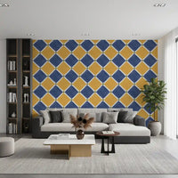 Blue yellow tile wallpaper installed in entryway feature 