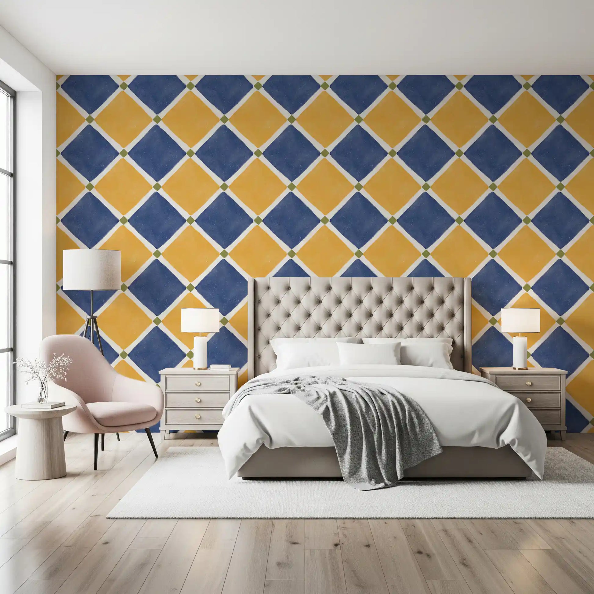 Mediterranean checkerboard wallpaper styled in modern Bedroom interior