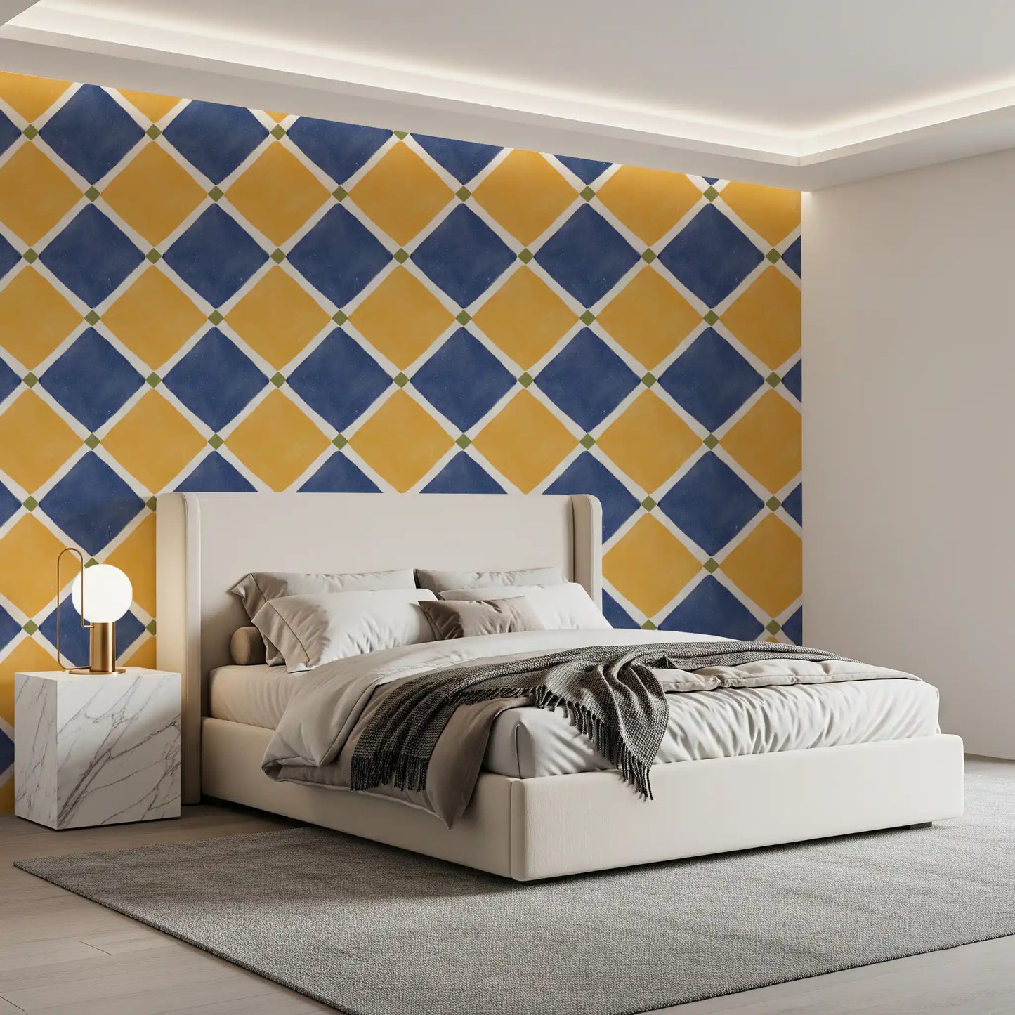 Vintage Yellow pattern wallpaper placed in cozy Bedroom interior