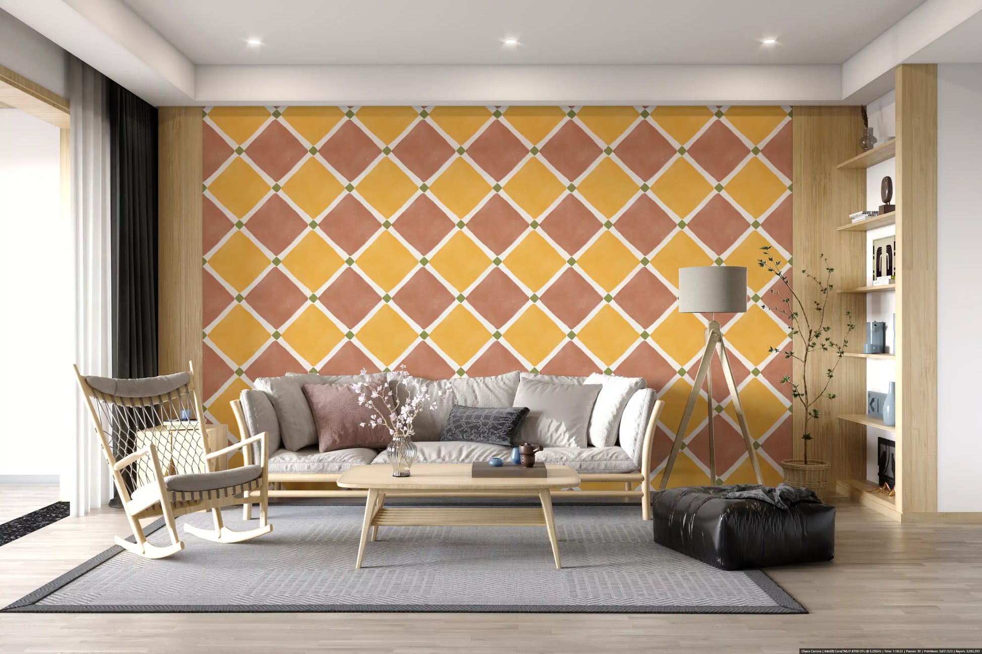 Terracotta geometric wallpaper creates a bold accent in hallway 
