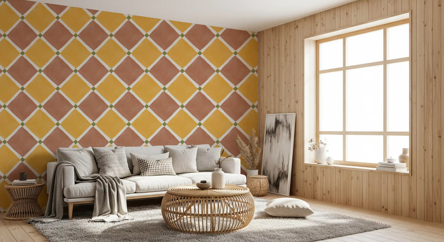 A cozy Living room setting features rustic tile wallpaper with earthy yellow tones