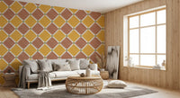 A cozy Living room setting features rustic tile wallpaper with earthy yellow tones